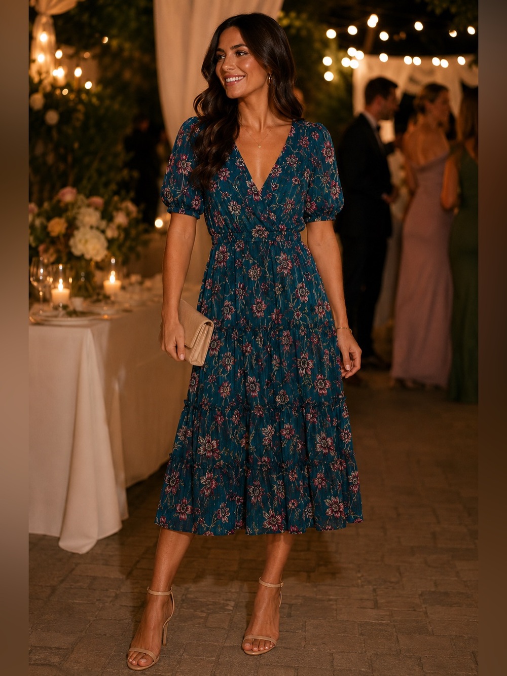 Mimi Chica Teal Floral Tiered Midi Dress Large - Picture 1 of 8